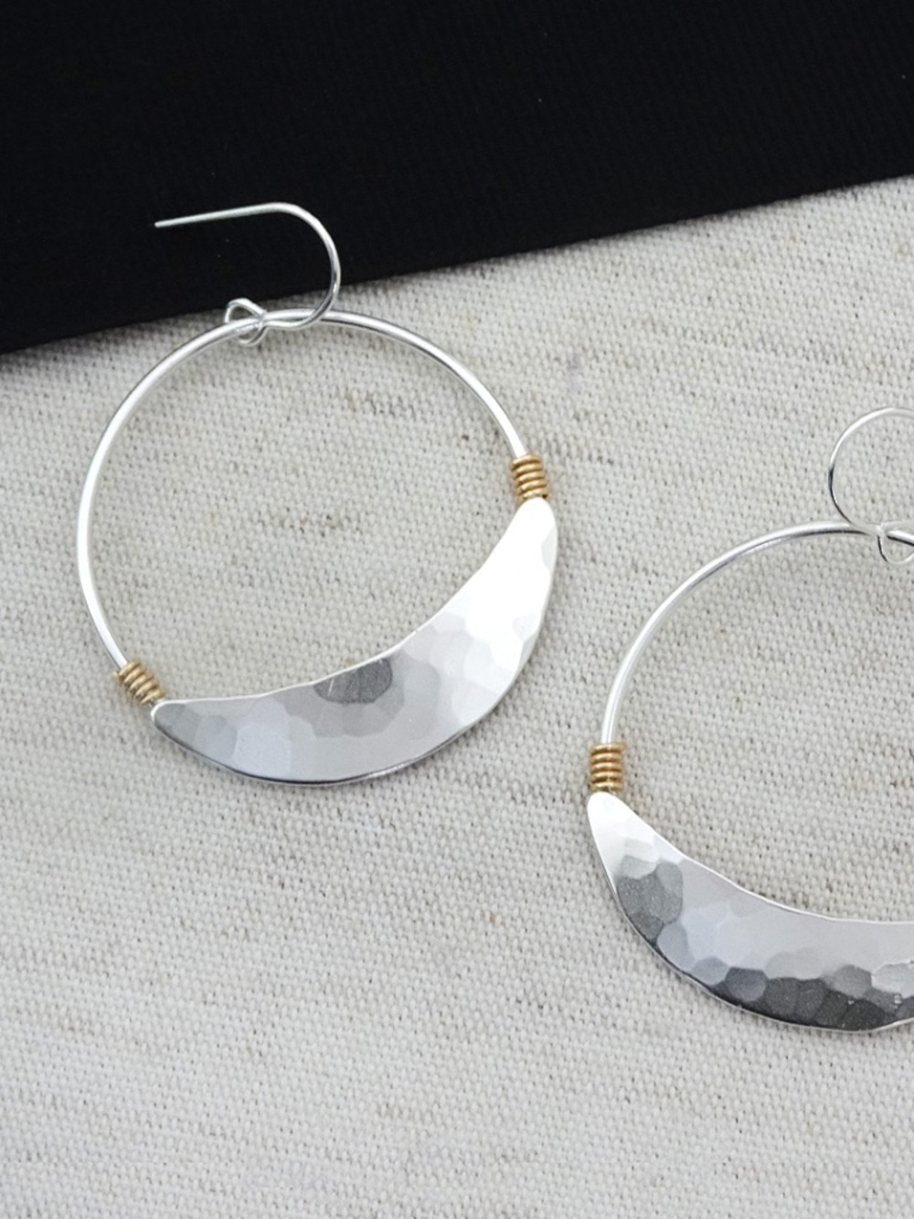 Marjorie Baer Hoop Earrings. Large Hoop Earrings, Silver Crescent, brass wiring